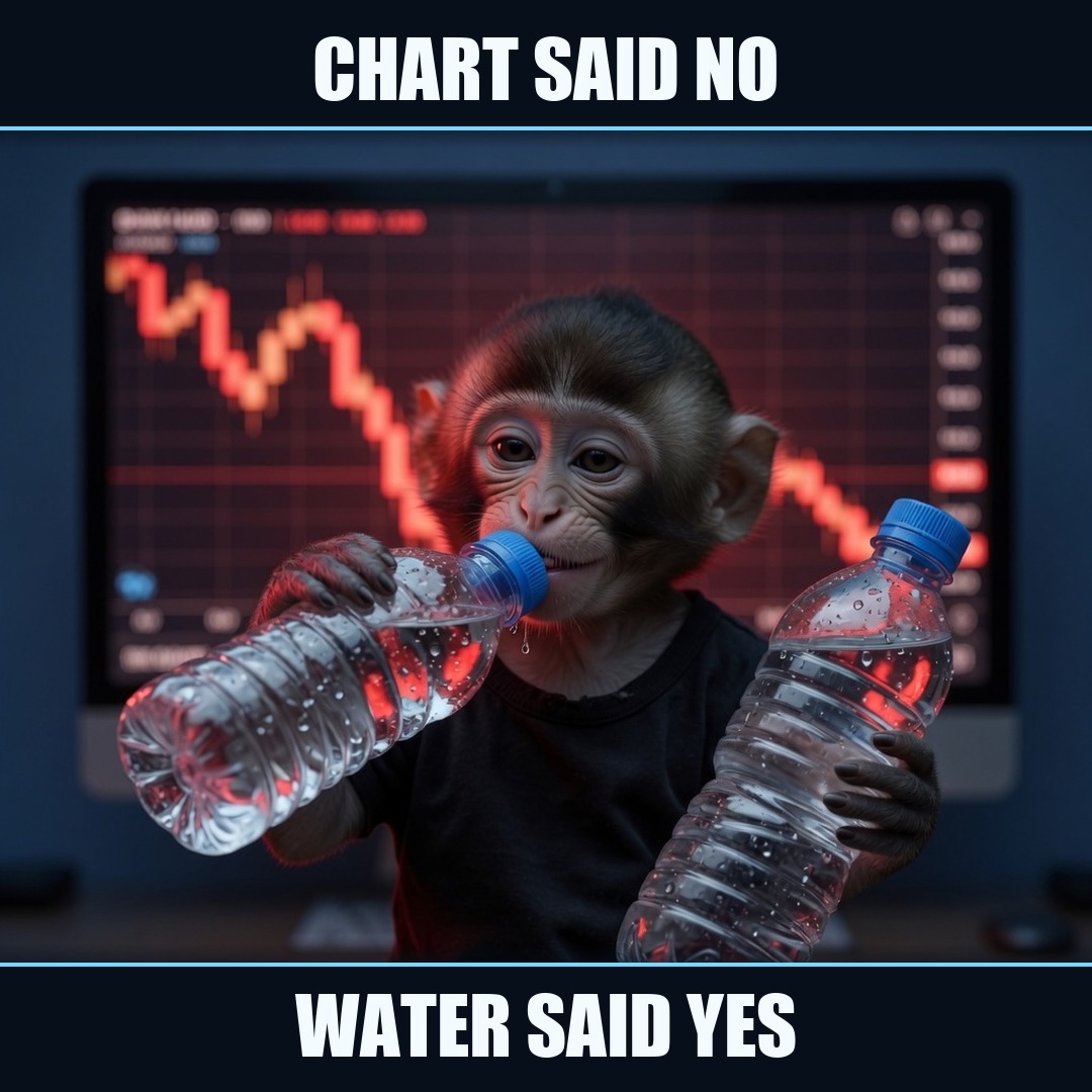 The monkey drinks in front of a red chart. Caption: Chart said no. Water said yes.