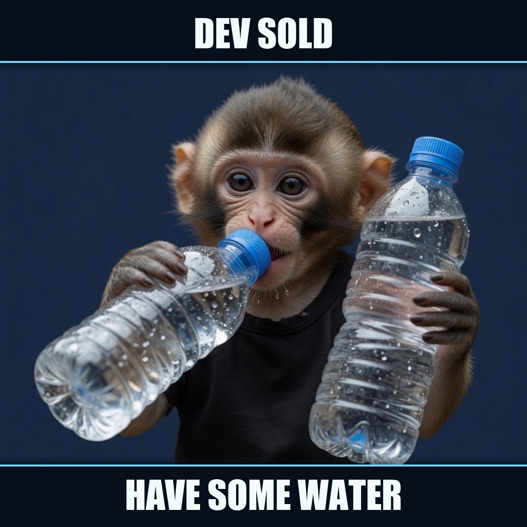 The monkey offers a bottle. Caption: Dev sold. Have some water.