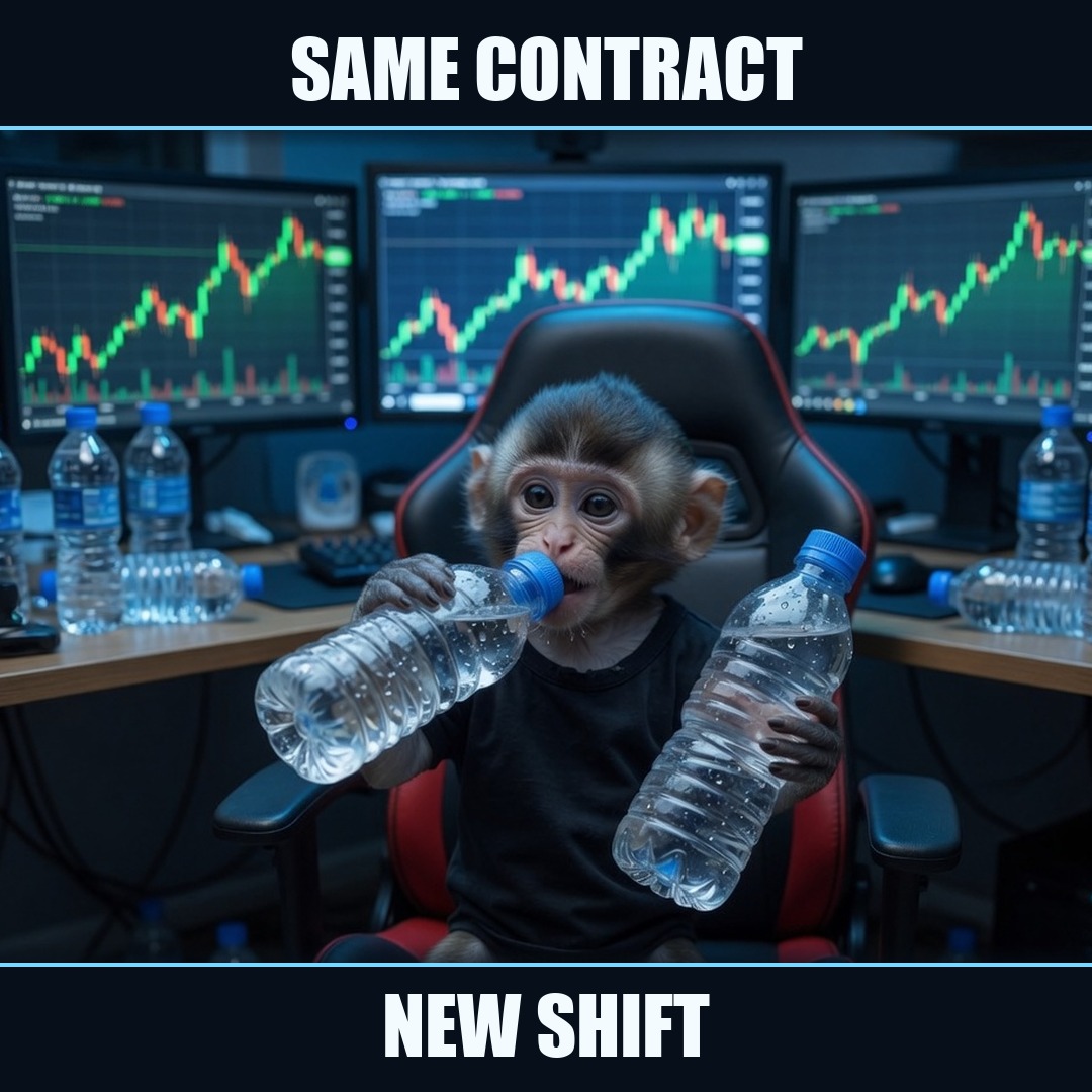 The monkey at a trading desk. Caption: Same contract. New shift.