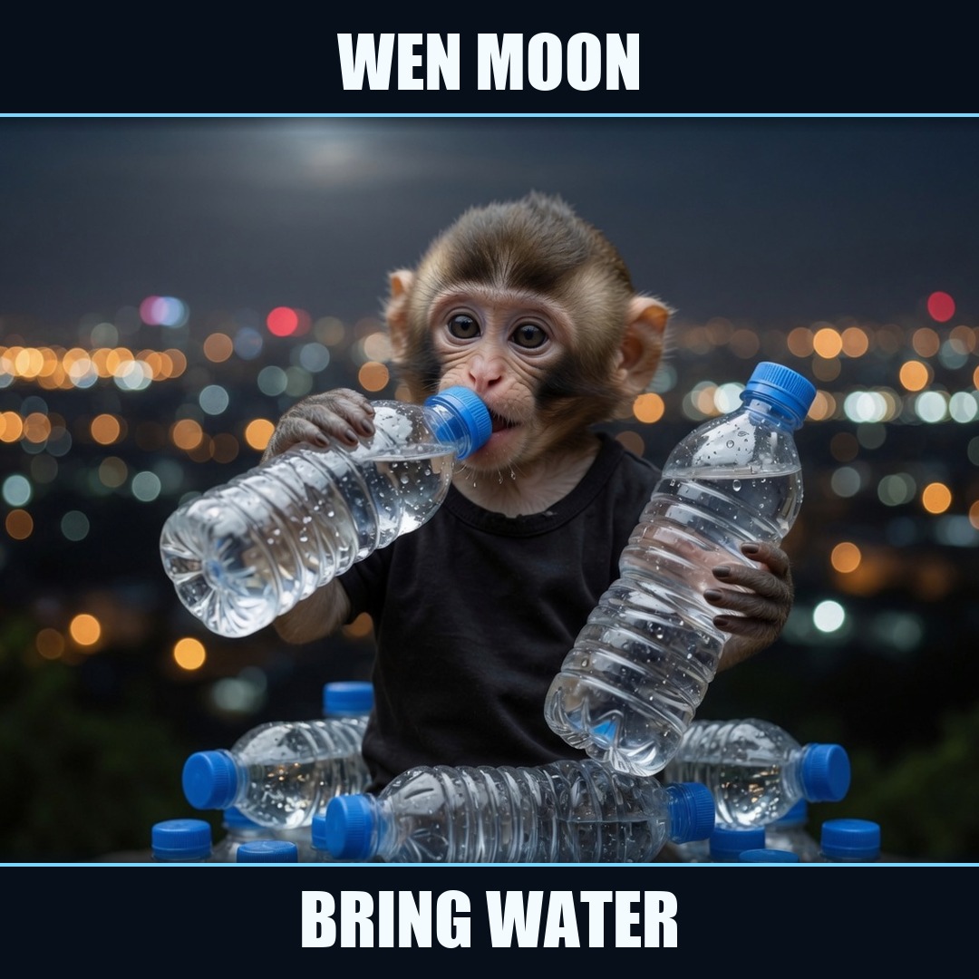 The monkey drinks on a pile of bottles under the moon. Caption: Wen moon. Bring water.